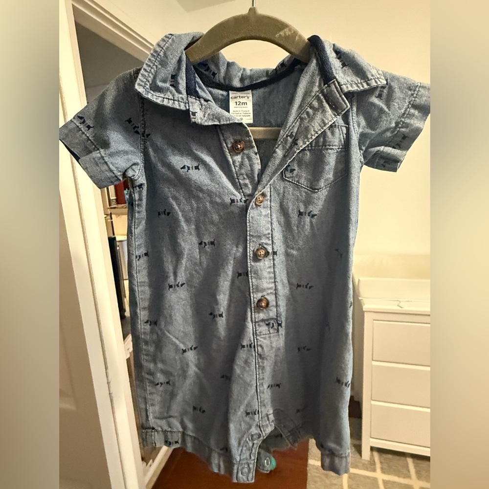 Puppy denim button down romper